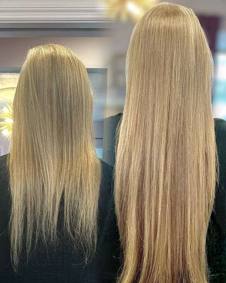 Before and after: shoulder-length blonde to extra long silky blonde