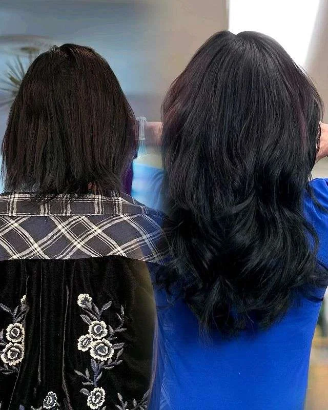 Before and after: thin dark hair to fuller voluminous result
